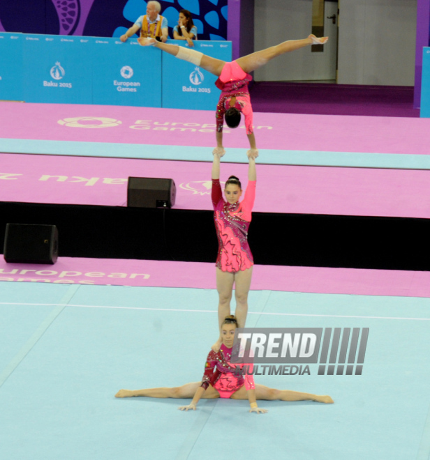 I Avropa Oyunlarında azərbaycanlı gimnastlar akrobatika yarışlarında final mərhələsinə çıxdı. Bakı, Azərbaycan, 17 iyun 2015